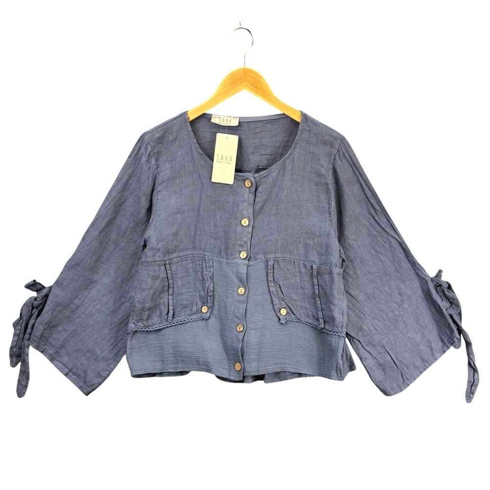 Saga Linen Button Front Blouse Top Womens XL Blue Cropped Made in Italy Boho